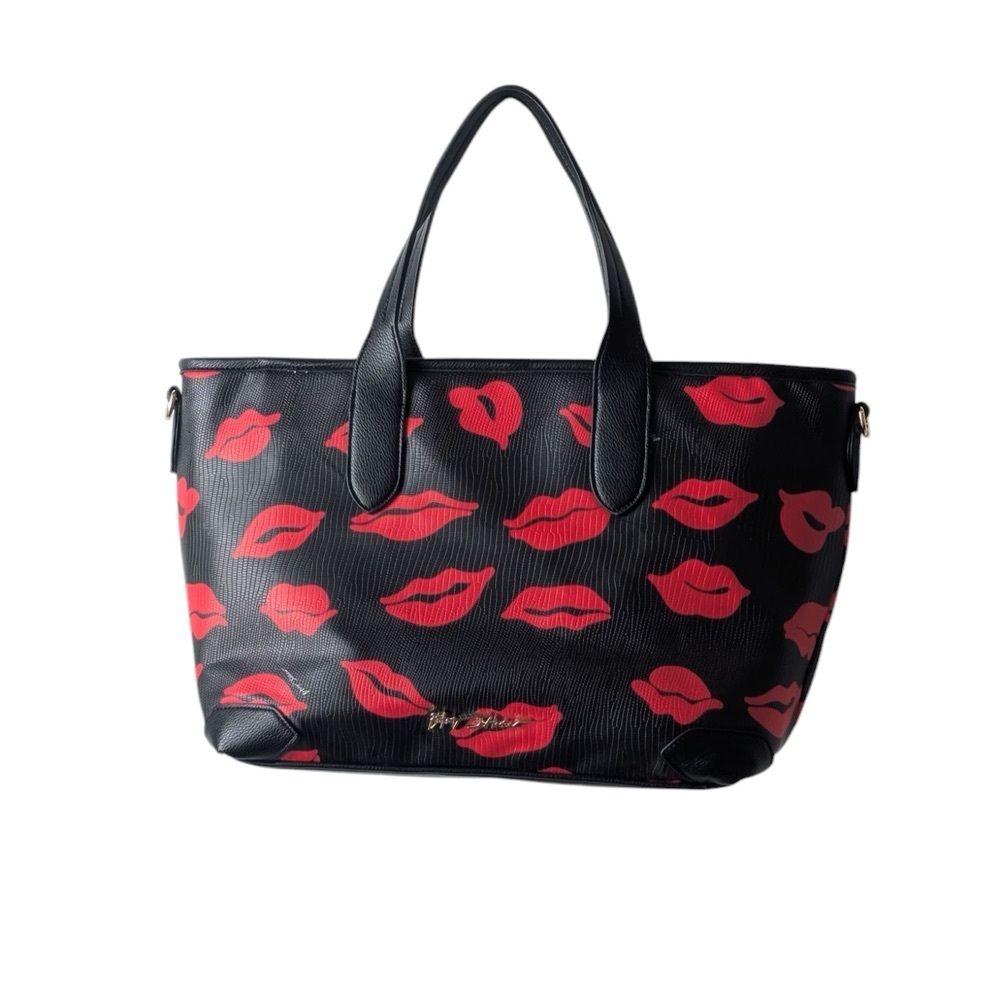 Betsey Johnson Black Tote & wristlet set  with Red Lip Print - Picture 2 of 15